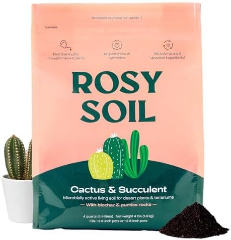 Fast-Draining Cactus & Succulent Potting Mix from Rosy Soil - Sand, Pumice, Mycorrhizae & Biochar for Vibrant Growth & Bigger Blooms