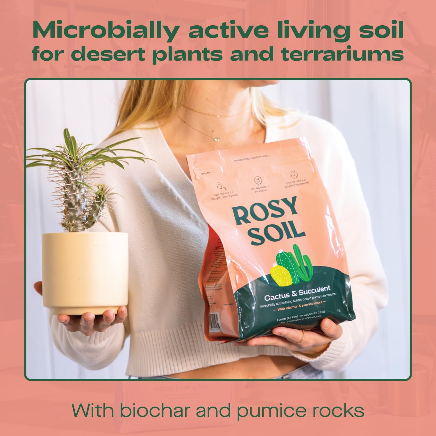 Fast-Draining Cactus & Succulent Potting Mix from Rosy Soil - Sand, Pumice, Mycorrhizae & Biochar for Vibrant Growth & Bigger Blooms