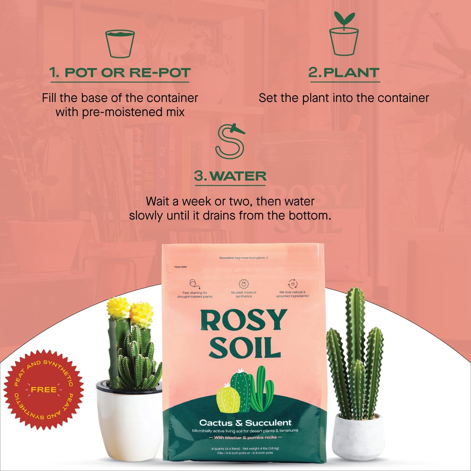 Fast-Draining Cactus & Succulent Potting Mix from Rosy Soil - Sand, Pumice, Mycorrhizae & Biochar for Vibrant Growth & Bigger Blooms