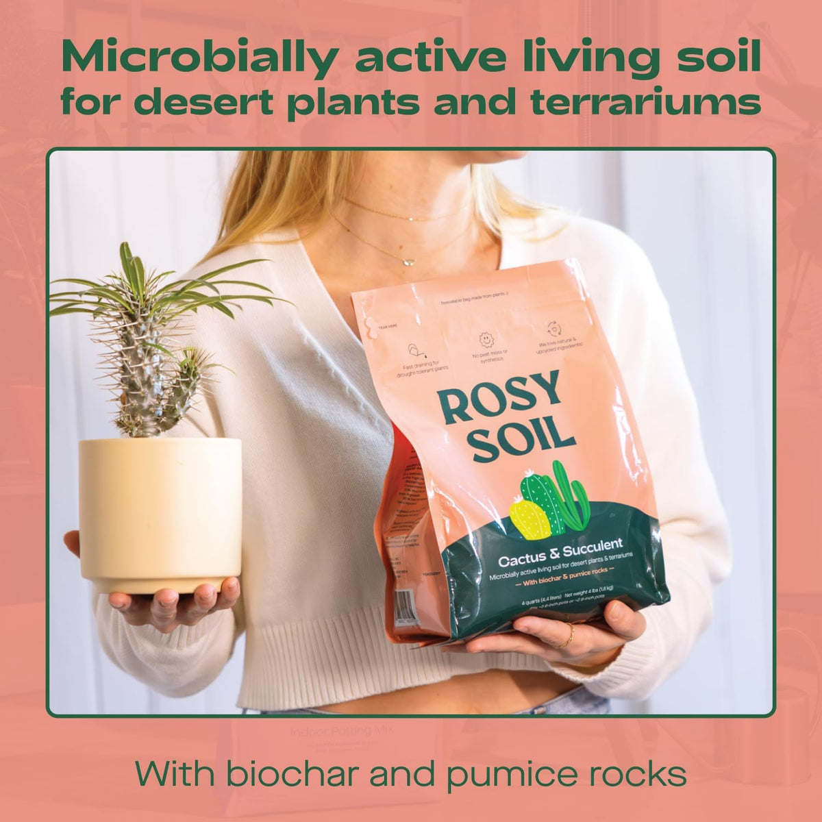 Rosy Soil Fast-Draining Cactus & Succulent Potting Mix - Sand, Pumice, Mycorrhizae & Biochar for Vibrant Growth & Bigger Blooms