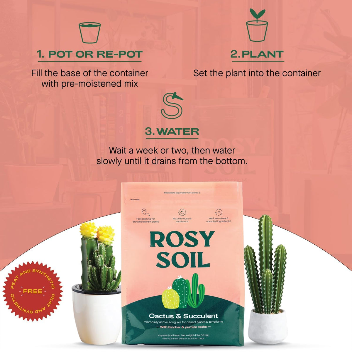 Rosy Soil Fast-Draining Cactus & Succulent Potting Mix - Sand, Pumice, Mycorrhizae & Biochar for Vibrant Growth & Bigger Blooms