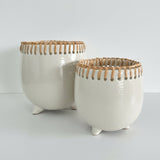 Almeria Pot - White Footed Ceramic & Rattan Pot