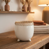 Almeria Pot - White Footed Ceramic & Rattan Pot