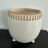 Almeria Pot - White Footed Ceramic & Rattan Pot